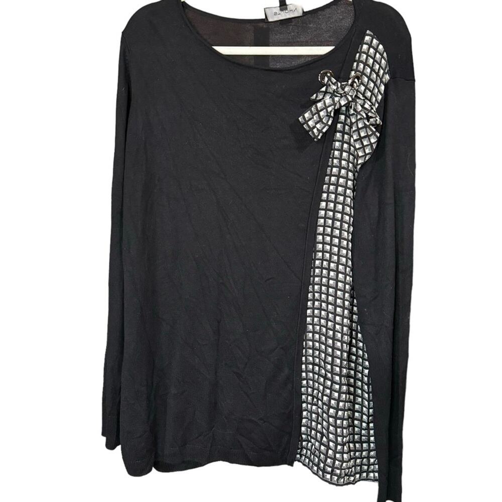 St. John Black Wool Cashmere Geometric Bow Long Sleeve Tunic Pullover Sweater XL